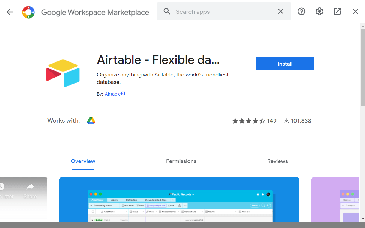 Airtable Install Page on Google Drive Apps